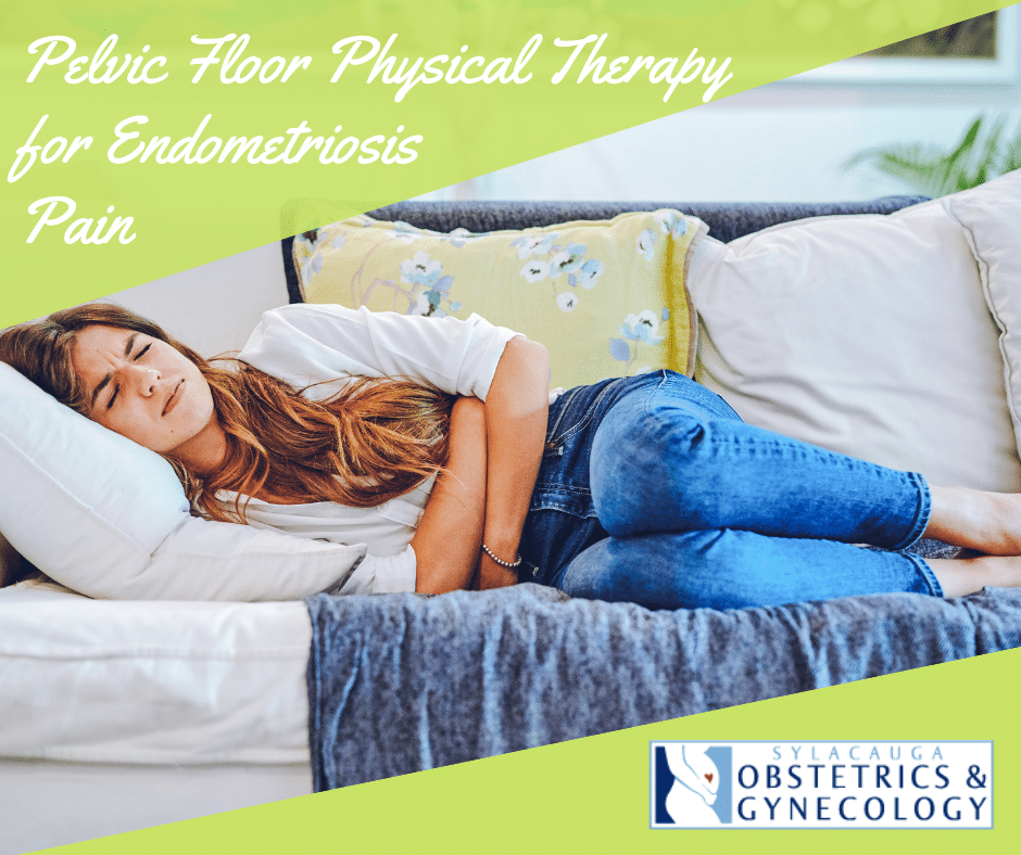 A young woman curled up on the couch clutching her abdomen, in pain from endometriosis