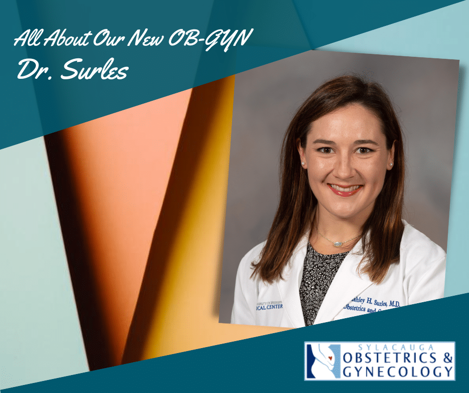 A photo of Dr. Surles, our new ob-gyn at Sylacayga OB-GYN, on a multicolored background