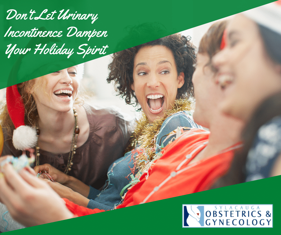 A group of four women laughing at a holiday party, wearing various festive garments