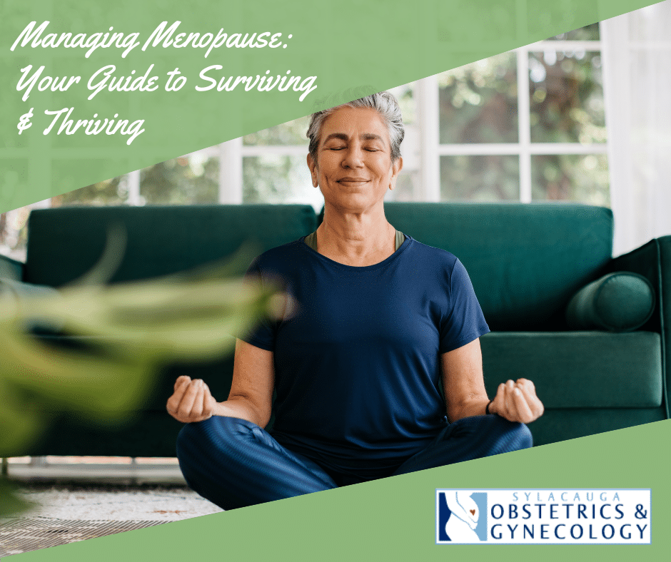 Middle-aged woman meditating at home with green couch in background, representing balance in menopause