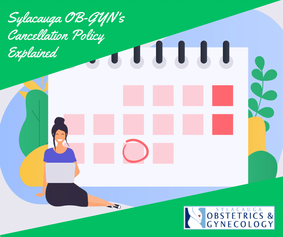 Illustration of a woman with a laptop sitting in front of a calendar to represent an ob-gyn appointment cancellation policy